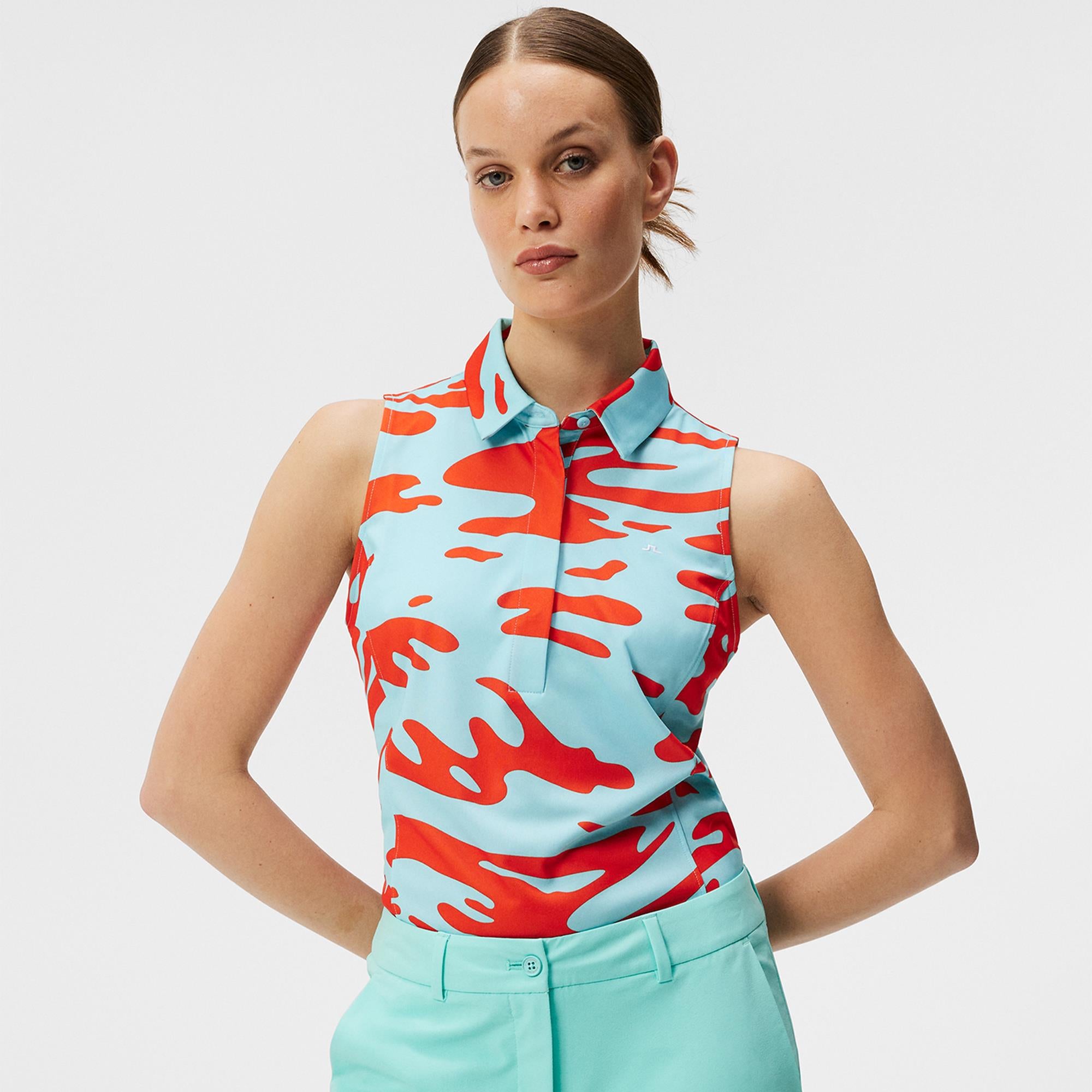 J Lindeberg Dena Print Sleeveless Ladies Golf Polo Shirt Neptune Atomizer